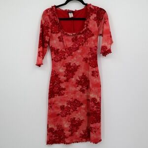 Y2K Vintage Fairy Grunge Babydoll Mesh Dress Womens M‎ Red Sheer Bloomcore Boho